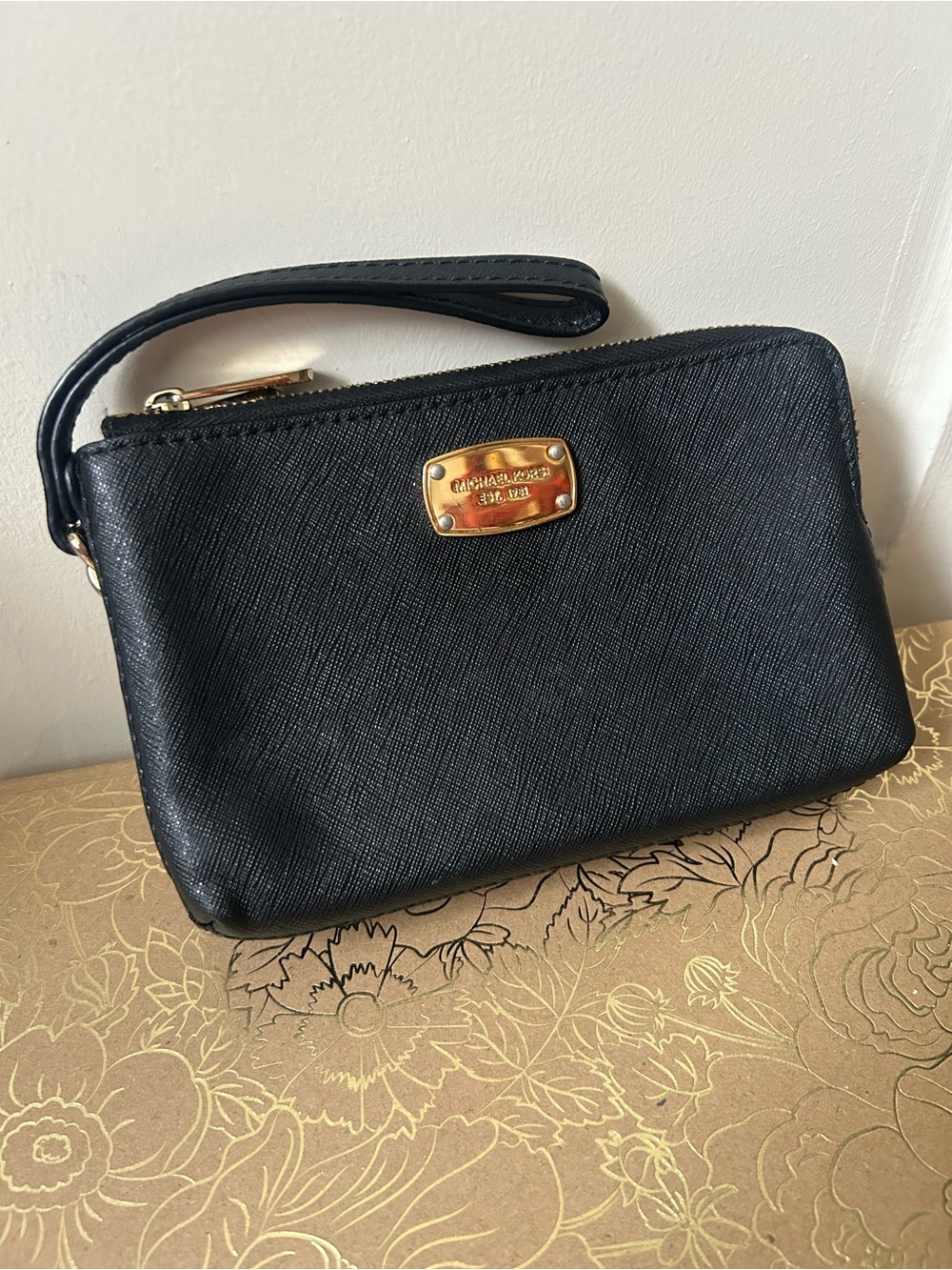 Michael Kors Black Saffiano Leather Wristlet with Gold Plate